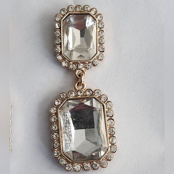 Elegant Gold and Silver Crystal Drop Earrings, 2" - Picture 2 of 3